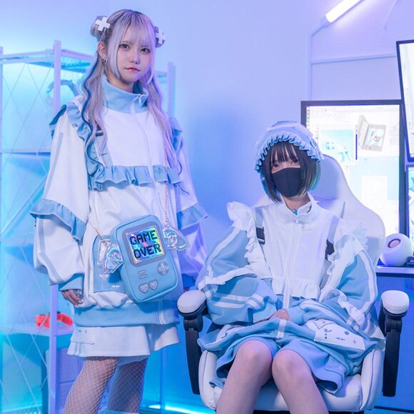 NEW ACDC Rag - Game Over Frill Pastel Blue Jersey Oversized Jacket - Picture 8 of 9